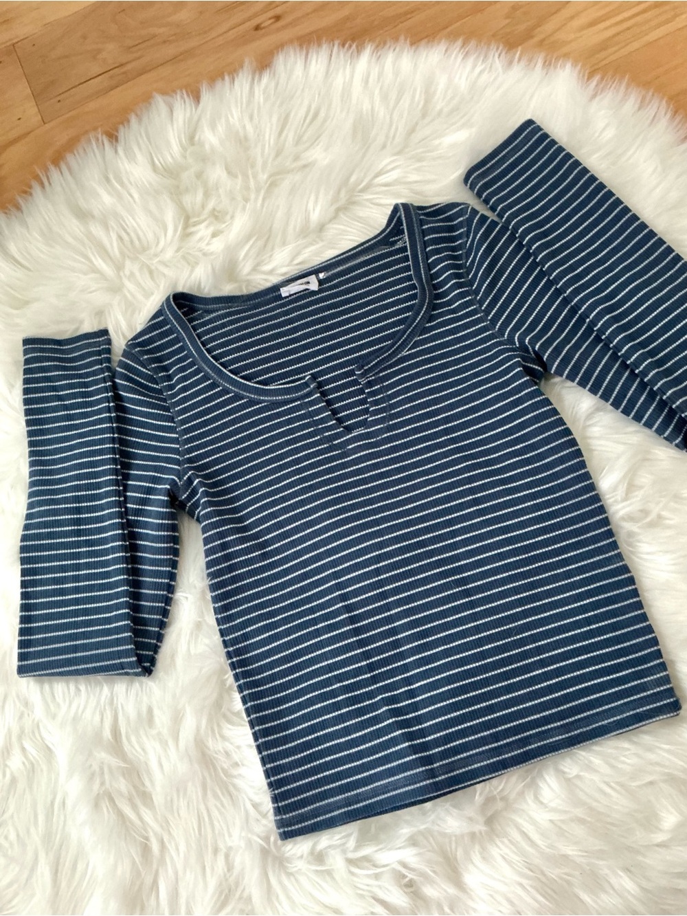 Cotton On Navy and White Striped Ribbed Long Sleeve Scoop Top Size XS